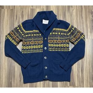 Jeffrey Max Lamb's Wool Blend Shawl Cardigan Sweater Navy Patterned Men's Sz M